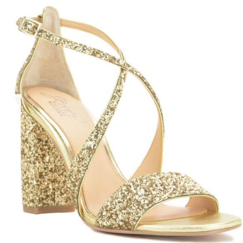 Badgley Mischka Jewel gold glitter heels, size 9